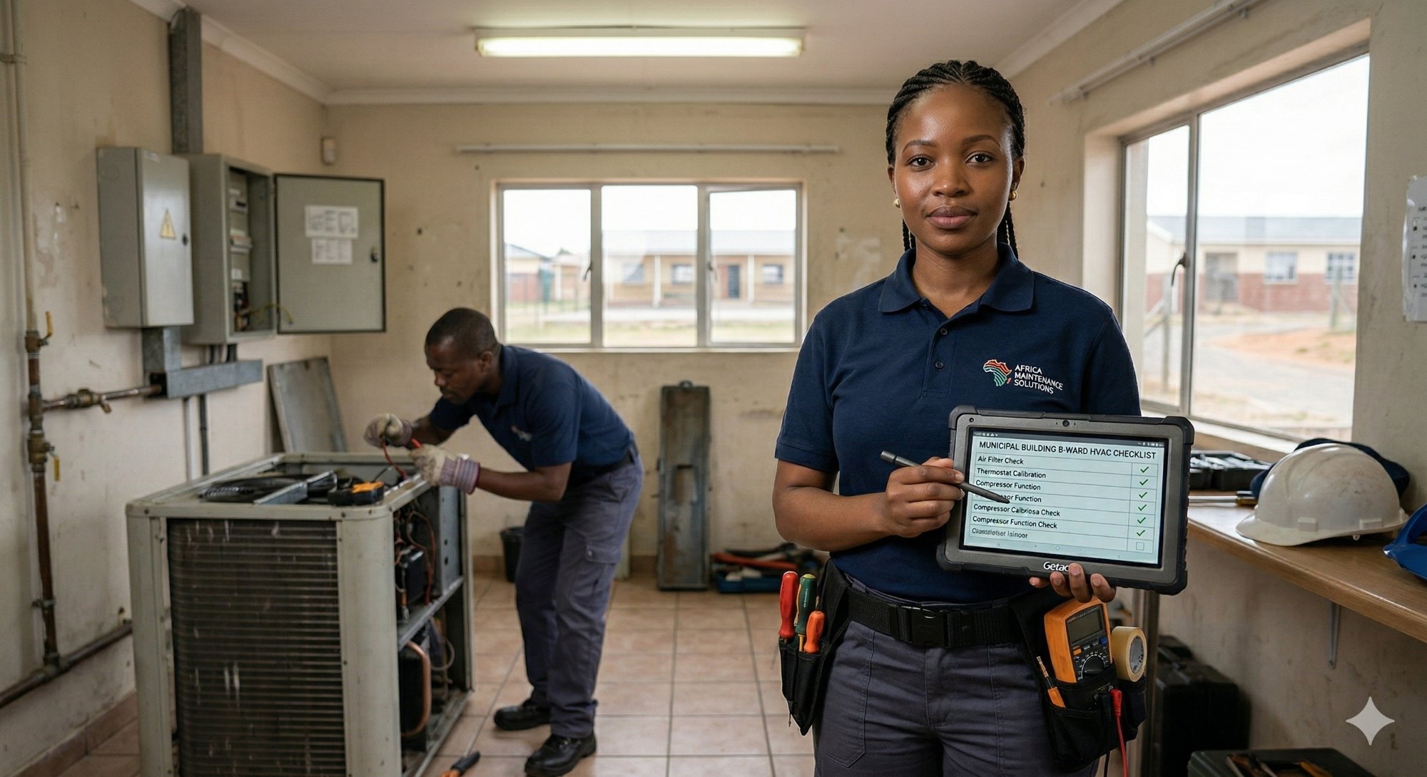 Maintenance team completing a building checklist